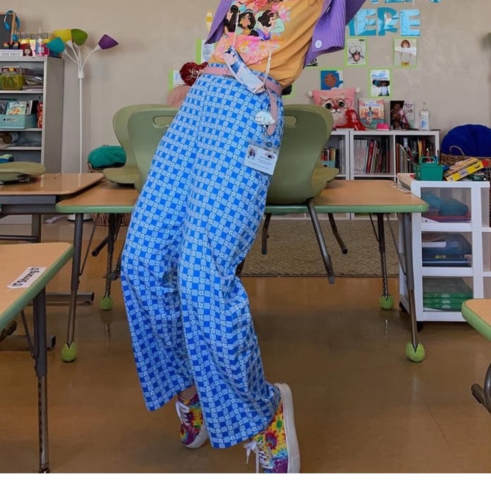 White and blue checker mod pants